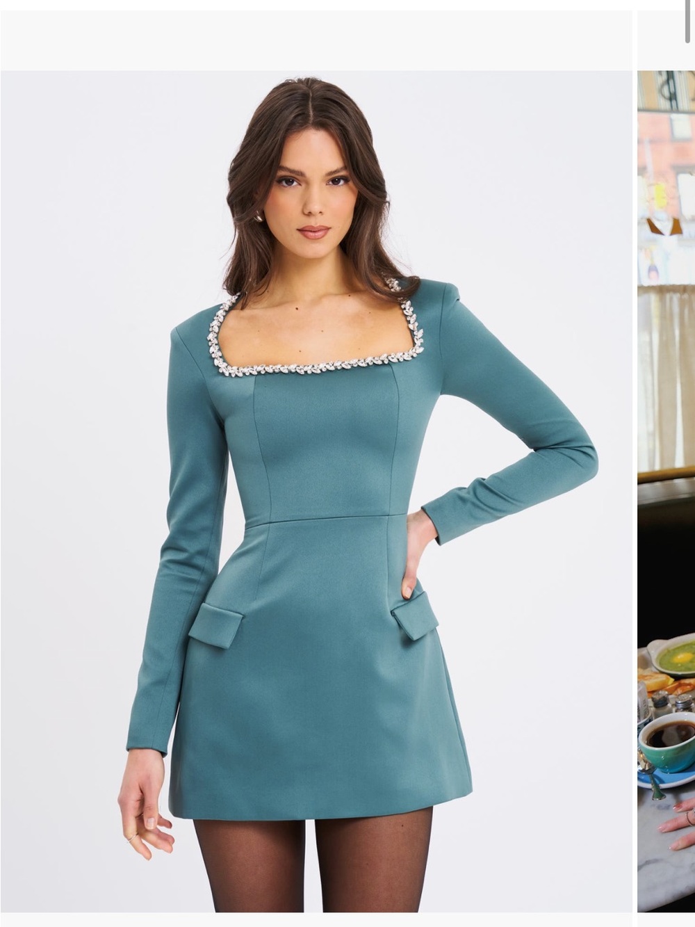 Square-Neck Teal Long-Sleeve Mini Dress with Embellished Trim